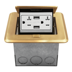 Brass Square Soft Pop-Up Floor Box Assembly with  20A Tamper-Resistant Duplex Receptacles and 4A USB Charging Ports