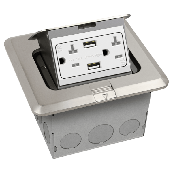 Nickel-Plated Square Floor Box w TR Outlet & USB - ENERLITES