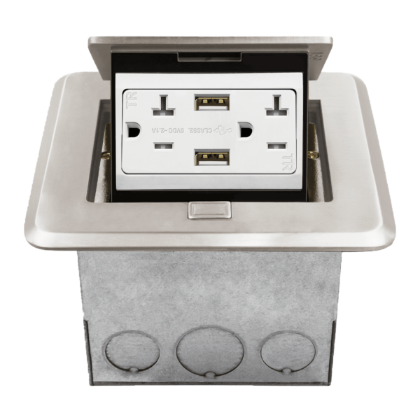 Nickel-Plated Brass Square Soft Pop-Up Floor Box Assembly with 20A Tamper-Resistant Duplex Receptacles and 4A USB Charging Ports