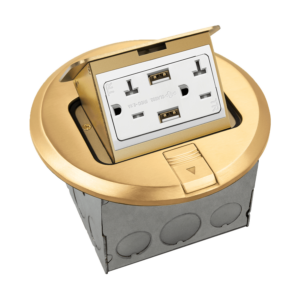 Brass Round Pop-up Floor Box Assembly with 20A Tamper-Resistant Duplex Receptacles and 2.1A USB Charging Receptacle