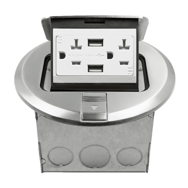 Nickel-Plated Brass Round Pop-up Floor Box Assembly with 20A Tamper-Resistant Duplex Receptacles and 2.1A USB Charging Ports