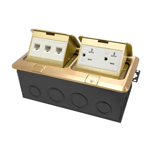 Brass Pop-up Rectangular Floor Box Assembly with 20A Tamper-Weather Resistant Decorator Receptacle & Triple RJ45 Jacks Module