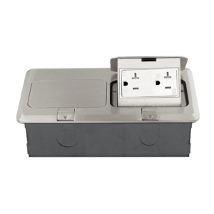 Nickel-Plated Brass Pop-up Rectangular Floor Box Assembly with Dual 20A Tamper-Weather Resistant Decorator Receptacles