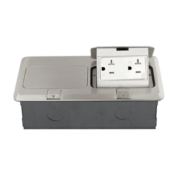 Nickel-Plated Brass Pop-up Rectangular Floor Box Assembly with Dual 20A Tamper-Weather Resistant Decorator Receptacles