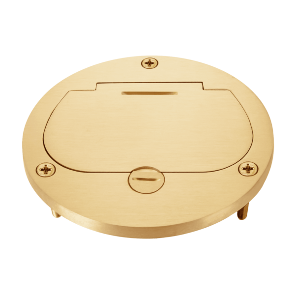 Brass 4" Diameter Flush Round Flip-Lid Cover Plate with 20A Tamper-Weather-Resistant Duplex Receptacle