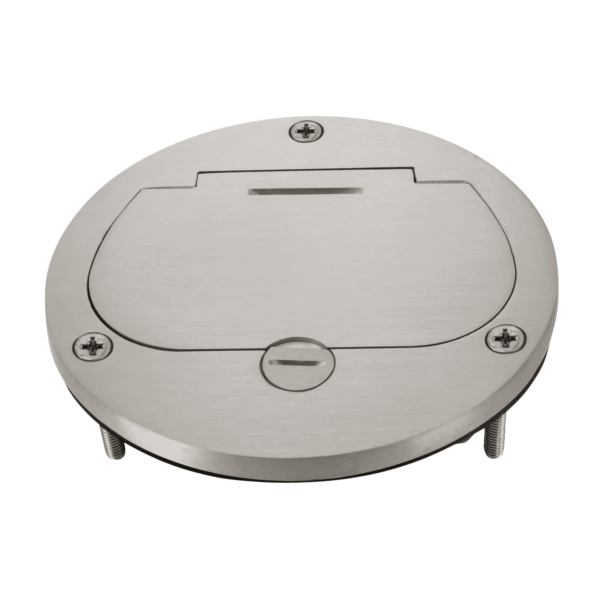 Nickel-Plated Brass 4" Diameter Flush Round Flip-Lid Cover Plate with 20A Tamper-Weather-Resistant Duplex Receptacle