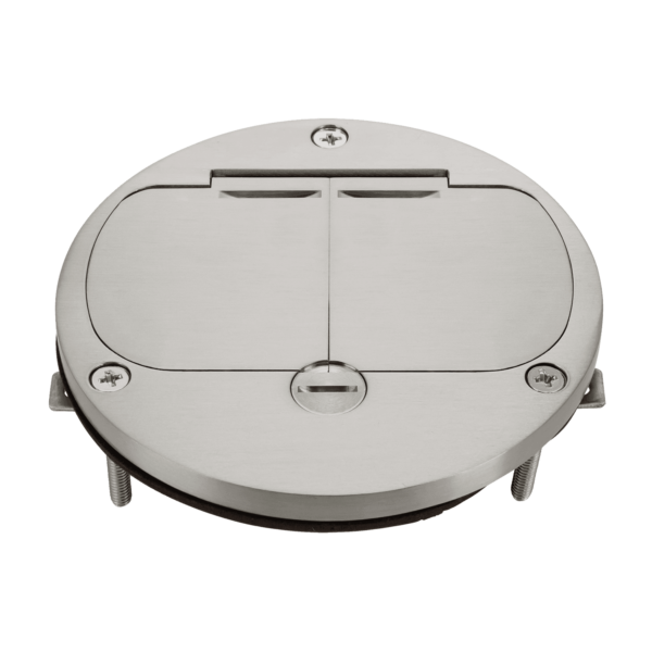 Nickel-Plated Brass 4" Diameter Flush Round Dual Flip-Lid Cover Plate with 20A Tamper-Weather-Resistant Duplex Receptacle