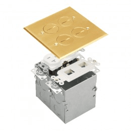 Two-Gang Brass Floor Box Assembly with 20A Tamper-Weather-Resistant Duplex Receptacle and Datacom Module