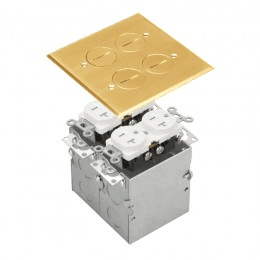 Two-Gang Brass Floor Box Assembly with Dual 20A Tamper-Weather-Resistant Duplex Receptacles