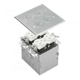 Two-Gang Stainless Steel Floor Box Assembly with Dual 20A Tamper-Weather-Resistant Duplex Receptacles