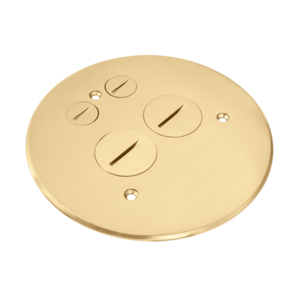 Brass 5.5" Diameter Flush Round Floor Box Cover Plate with 20A Tamper-Weather Resistant Duplex Receptacle