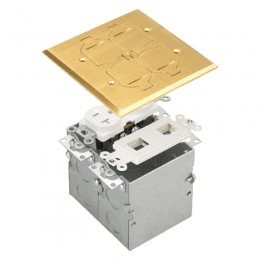 Two-Gang Brass Flip-Lid Floor Box Assembly with 20A Tamper-Weather-Resistant Duplex Receptacle and Datacom Module