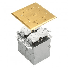 Two-Gang Brass Flip-Lid Floor Box Assembly with Dual 20A Tamper-Weather Resistant Duplex Receptacles