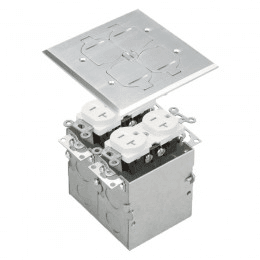 Two-Gang Nickel-Plated Brass Flip-Lid Floor Box Assembly with Dual 20A Tamper-Weather-Resistant Duplex Receptacles