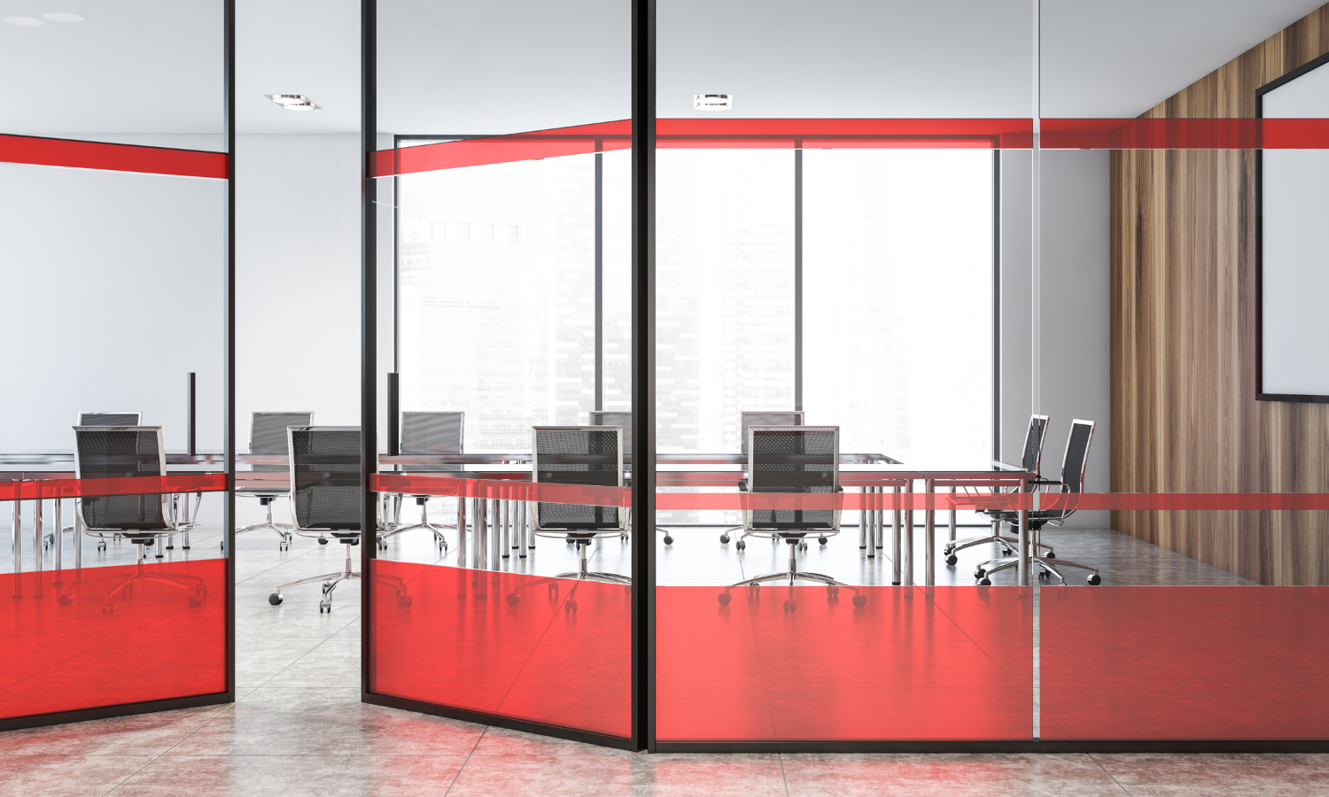 Interior of modern meeting room with white and wooden walls, concrete floor and long conference table with black metal chairs. Red glass doors.